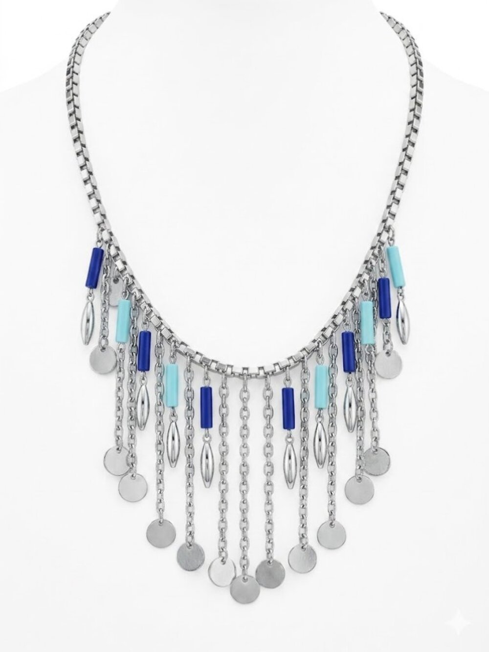 Boho Silver Fringe Statement Necklace Blue Bead Tassel Dangle Chunky Tribal Arts